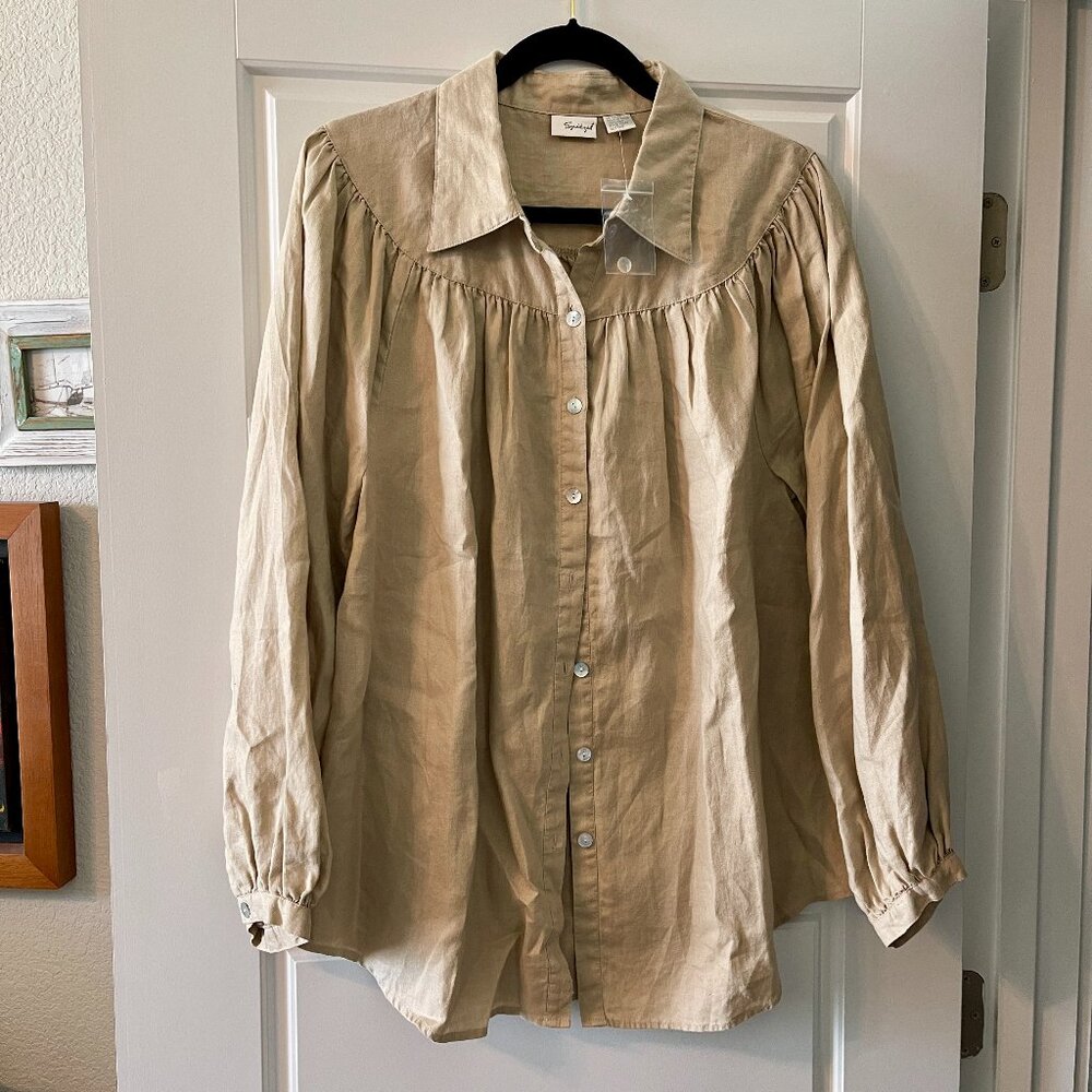 Spiegel Linen Classic Victorian Style Collar Poet Blouse MOP Shell Button NWT